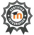 A badge with the words "Certified Integration" and an orange M in it, on a white background. In the center is a black graduation cap, surrounded by stars and a ribbon in gray color.