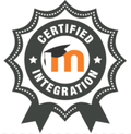 A badge with the words "Certified Integration" and an orange M in it, on a white background. In the center is a black graduation cap, surrounded by stars and a ribbon in gray color.