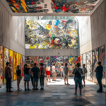 A group of people were exploring an art gallery, with various abstract and colorful paintings on the walls and ceiling. The space was modern with white architecture and large windows that allowed natural light to flood in. In one corner there was a tall sculpture made from metal pipes filled with vibrant graffiti, adding a street art vibe to the setting.