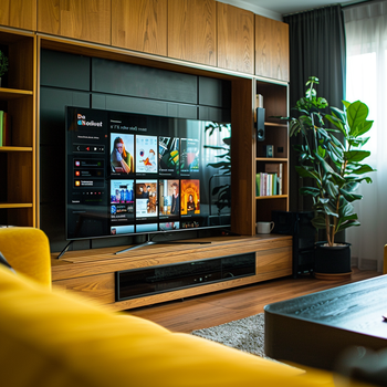 A TV in a living room shows a menu.