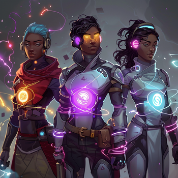 In this digital painting, we see a captivating scene featuring three women in futuristic outfits adorned with glowing lights. The first woman, with blue hair and a red cape, stands prominently in the foreground. Beside her, another woman wears headphones and exudes a mysterious aura. The third woman, portrayed in the background, sports stylish glasses. The color palette includes shades of purple, brown, and black, creating a visually striking and immersive experience. This artwork evokes a sense of sci-fi wonder and technological advancement, making it a fascinating addition to any futuristic-themed collection.