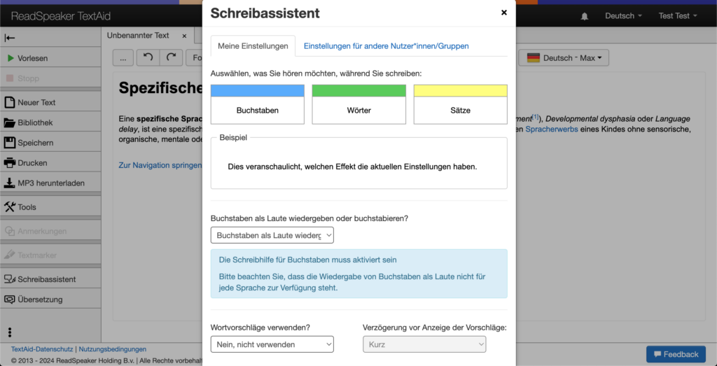 Unterstützungstechnologie bei Dyslexie: Screenshot der Benutzeroberfläche von ReadSpeaker TextAid mit den Schreibassistenzfunktionen.