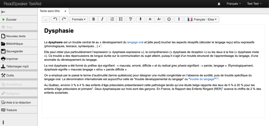 Technologie d'assistance pour la dyslexie : capture d'écran de l'interface utilisateur de ReadSpeaker TextAid montrant la règle de lecture.