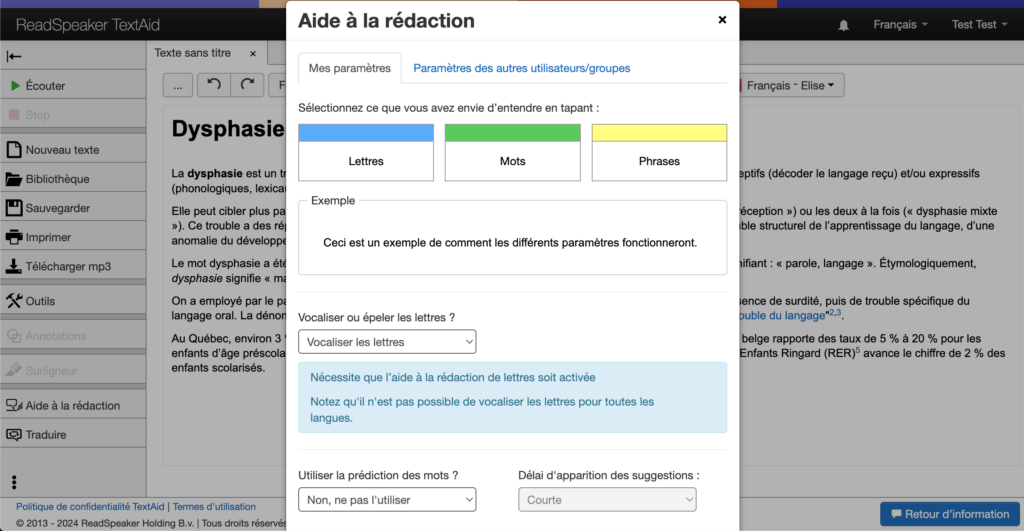 Technologie d'assistance pour la dyslexie : capture d'écran de l'interface utilisateur de ReadSpeaker TextAid montrant les fonctions d'aide à la rédaction.