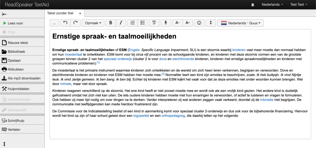 Ondersteunende technologie voor mensen met dyslexie: Screenshot van de user interface van ReadSpeaker TextAid waarop de leesliniaal is te zien.