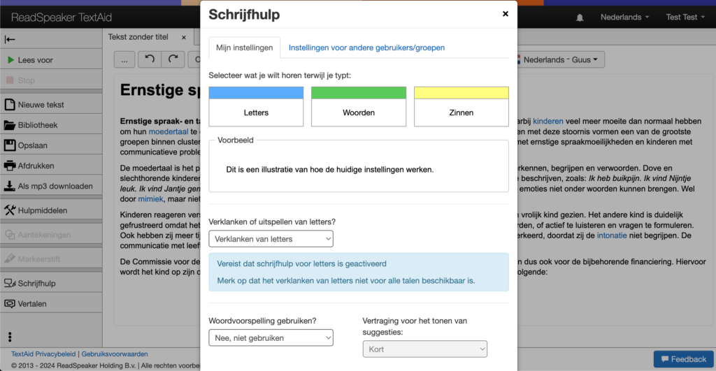 Ondersteunende technologie voor mensen met dyslexie: Screenshot van de user interface van ReadSpeaker TextAid waarop de schrijfhulp is te zien.