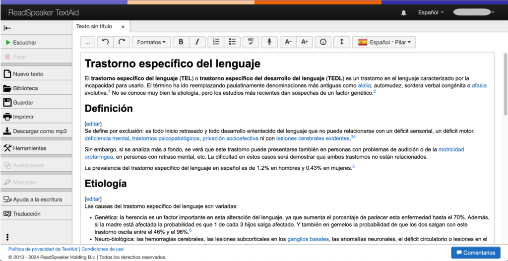 Tecnología de apoyo para la dislexia: captura de pantalla de la interfaz de usuario de TextAid de ReadSpeaker haciendo uso de la regla de lectura.