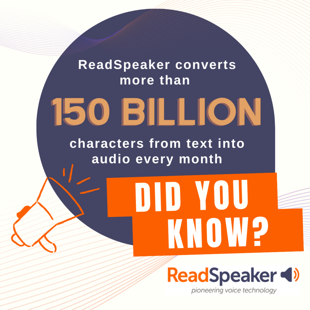 An illustration with the ReadSpeaker logo and a megaphone, and text that says: "ReadSpeaker converts more than 150 billion characters from text into audio every month."