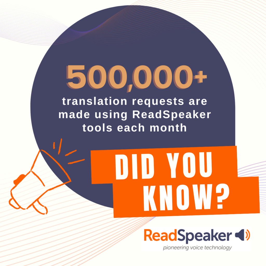 An illustration with the ReadSpeaker logo and a megaphone, and text that says: "500000+ translation requests are made using ReadSpeaker tools each month."