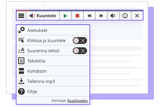 ReadSpeaker webReader-työkalun kuva, jossa on vaihtoehdot ja asetukset.