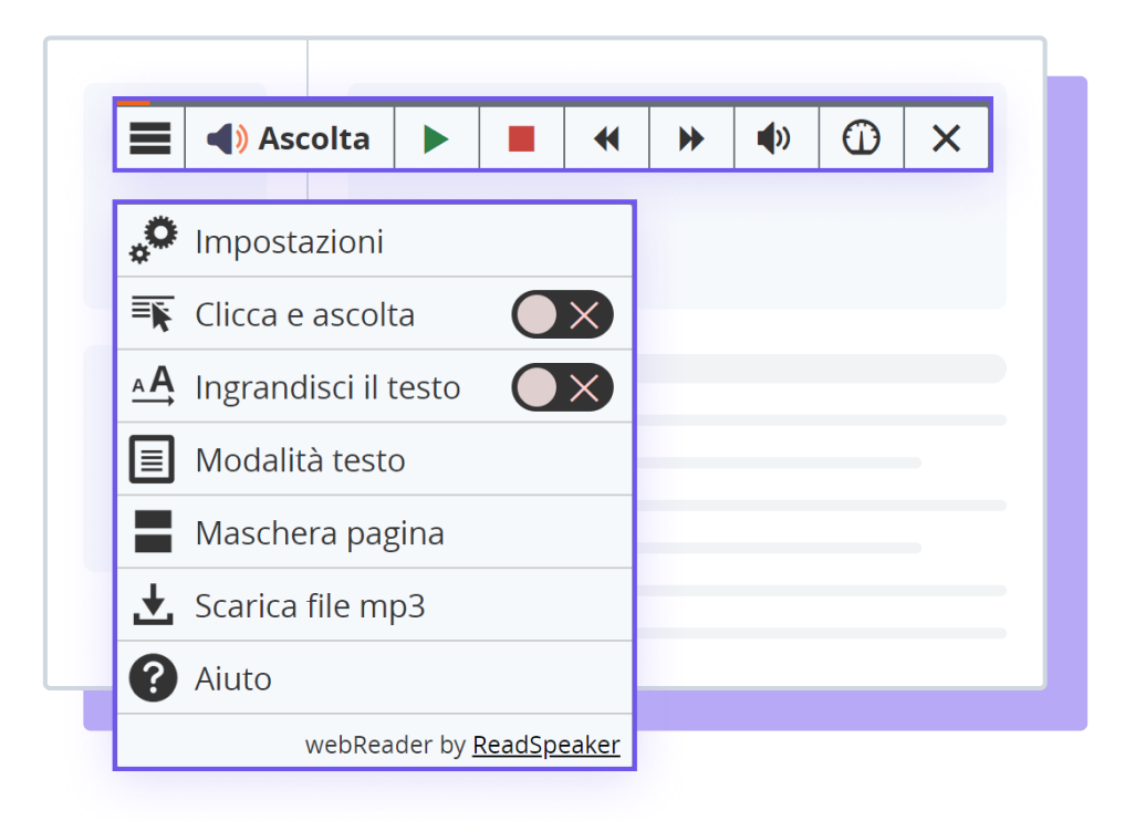 Illustrazione dello strumento ReadSpeaker webReader con opzioni e impostazioni mostrate.