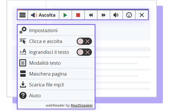 Illustrazione dello strumento ReadSpeaker webReader con opzioni e impostazioni mostrate.