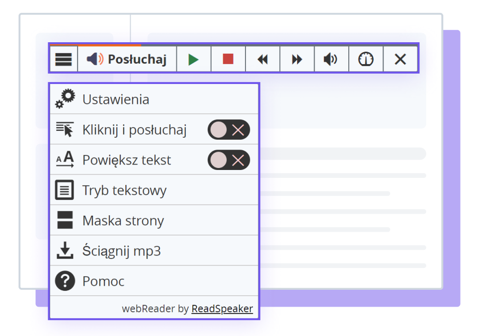 Ilustracja narzędzia ReadSpeaker webReader z pokazanymi opcjami i ustawieniami.