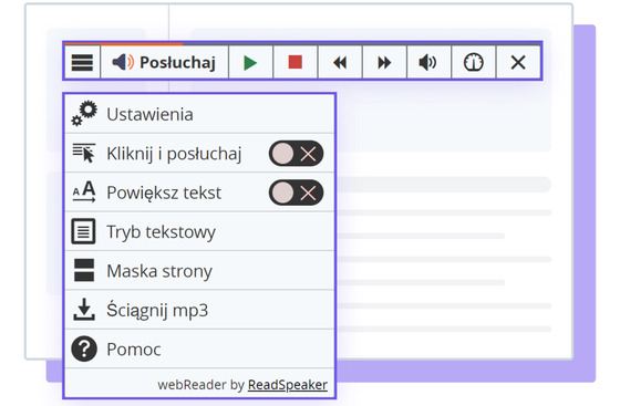 Ilustracja narzędzia ReadSpeaker webReader z pokazanymi opcjami i ustawieniami.