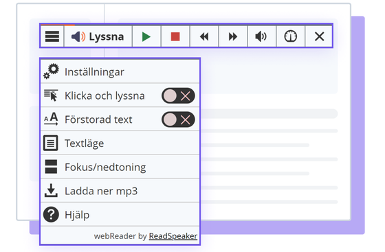 ReadSpeaker webReader verktygsillustration med alternativ och inställningar visas.