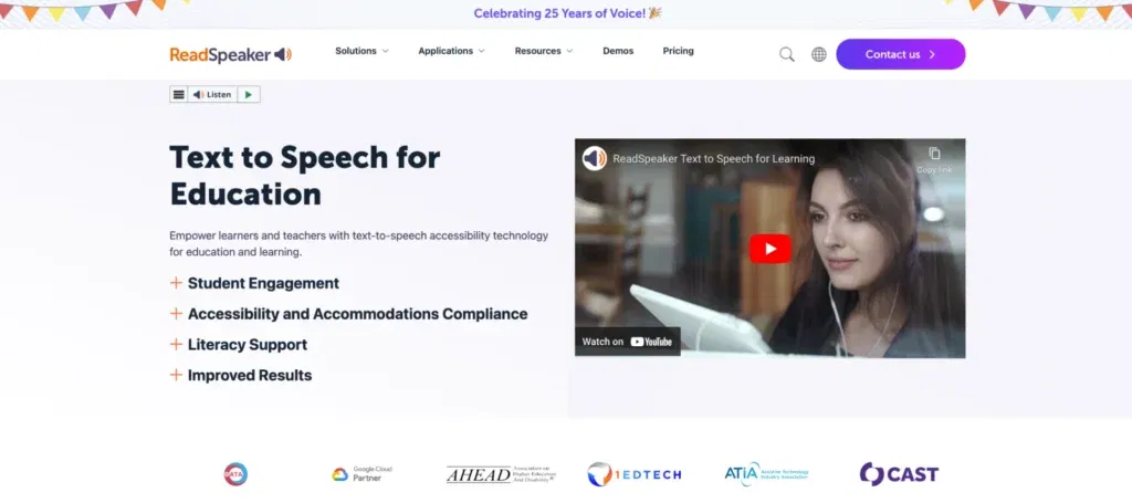 ReadSpeaker's education page for text to speech.