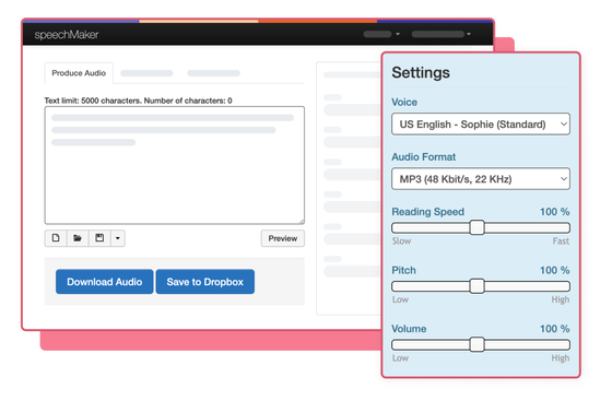 ReadSpeaker SpeechMaker tool illustration with settings and sliders to manage options.