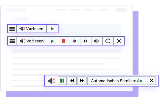 Abbildungen des ReadSpeaker webReader-Tools mit aktiviertem automatischen Scrollen.