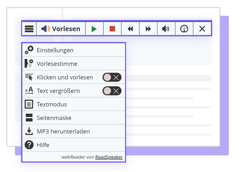 Illustration des ReadSpeaker webReader-Tools mit angezeigten Optionen und Einstellungen.