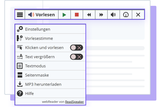 Abbildung des ReadSpeaker webReader-Tools mit angezeigten Optionen und Einstellungen.