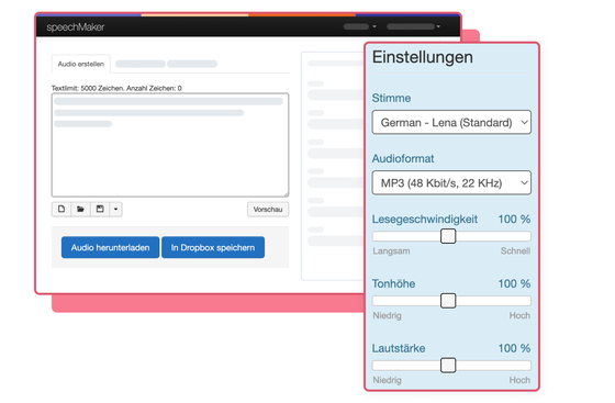 Abbildung des ReadSpeaker SpeechMaker-Tools mit Einstellungen und Schiebereglern zum Verwalten der Optionen.