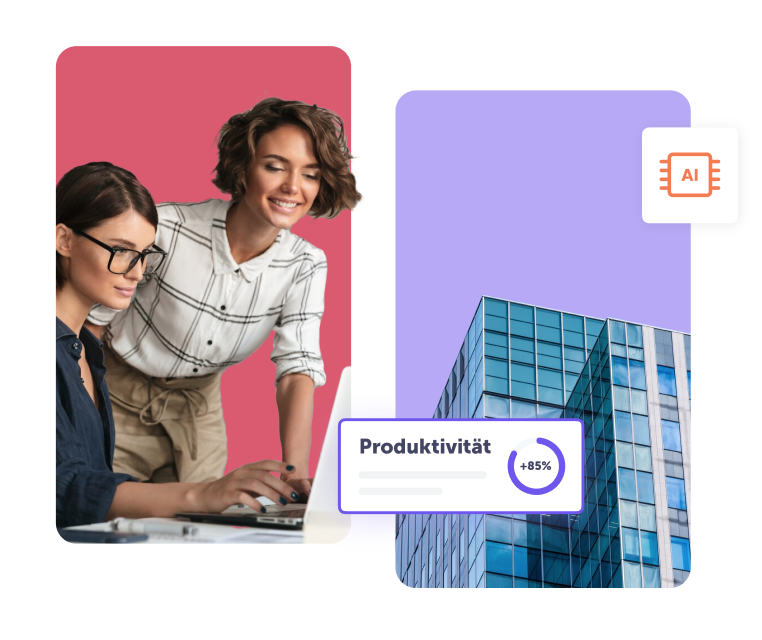 Zwei Frauen vor einem Laptop auf rosa Hintergrund links und ein Gebäude auf lila Hintergrund rechts.