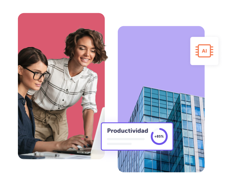 Dos mujeres frente a una computadora portátil sobre un fondo rosa a la izquierda y un edificio sobre un fondo violeta a la derecha.