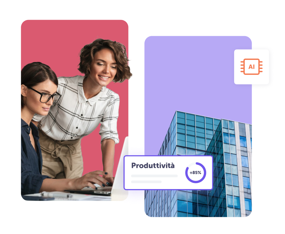 Due donne davanti a un computer portatile su uno sfondo rosa a sinistra e un edificio su uno sfondo viola a destra.