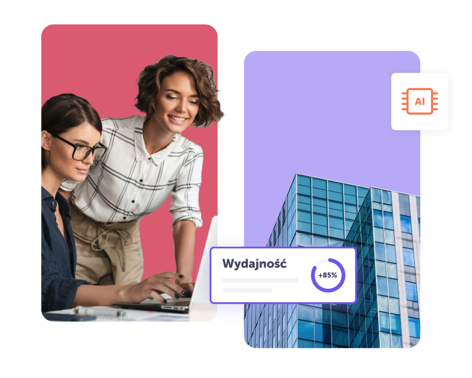 Dwie kobiety przed laptopem na różowym tle po lewej i budynek na fioletowym tle po prawej.