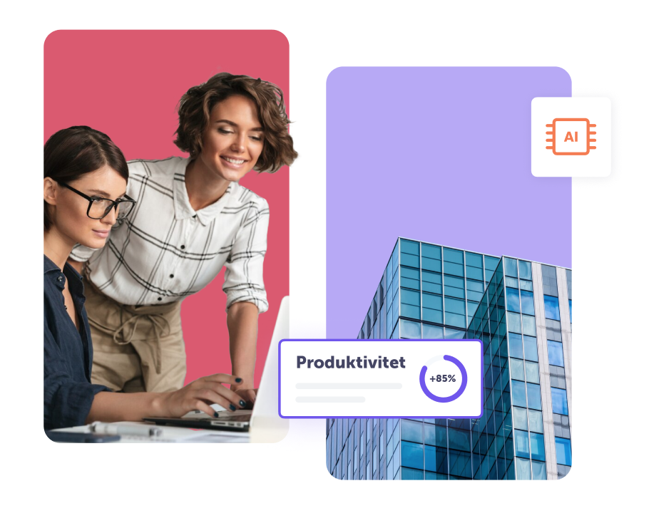 Två kvinnor framför en bärbar dator på rosa bakgrund till vänster och en byggnad på lila bakgrund till höger.