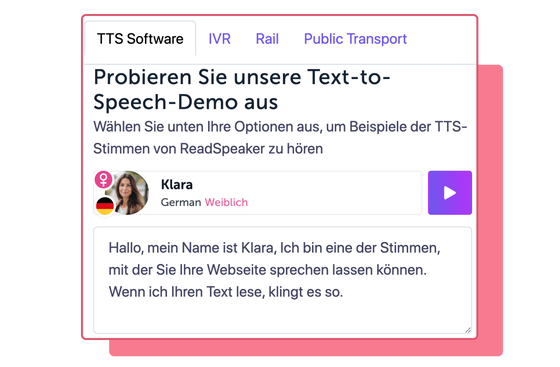 Abbildung des ReadSpeaker-Demotools mit deutschem weiblichen Avatar, der Name der Stimme ist Klara.