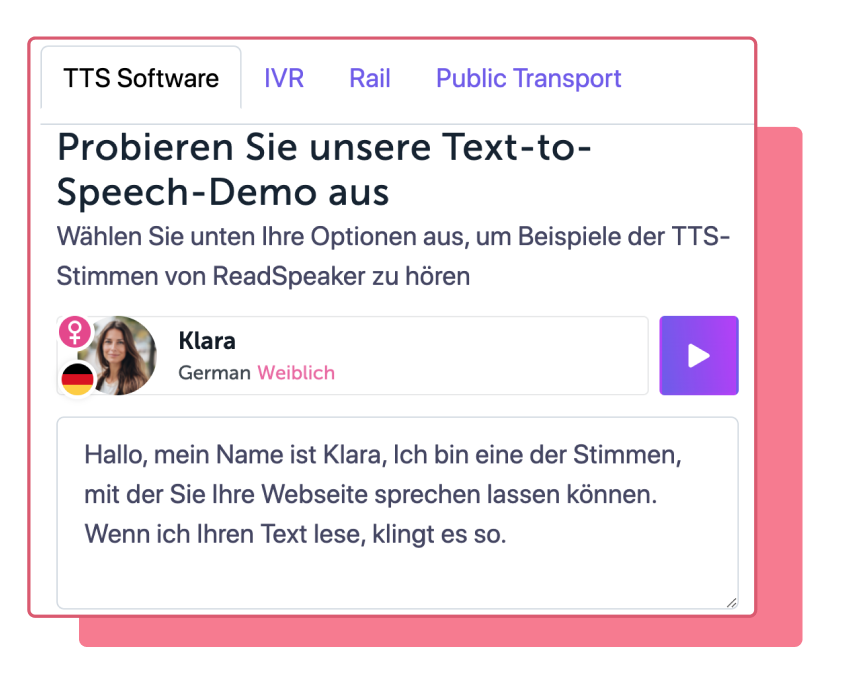 ReadSpeaker Demo-Tool-Illustration mit deutschem weiblichen Avatar. Die Stimme heißt Klara.