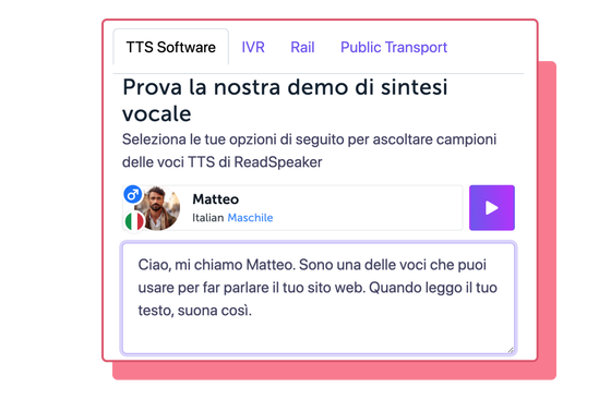 Illustrazione dello strumento demo ReadSpeaker con avatar maschile italiano il nome della voce è Matteo.