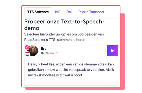 ReadSpeaker demotool-illustratie met Amerikaanse vrouwelijke avatar. De stem heet Ilse.