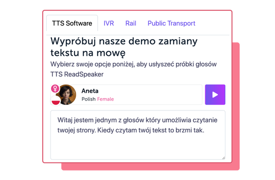 Ilustracja demonstracyjna narzędzia ReadSpeaker z awatarem polskiej kobiety. Imię głosu to Aneta.