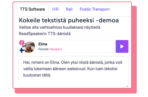 ReadSpeaker demotyökalun kuva, jossa on suomalainen nais-avatar, äänen nimi on Elina.