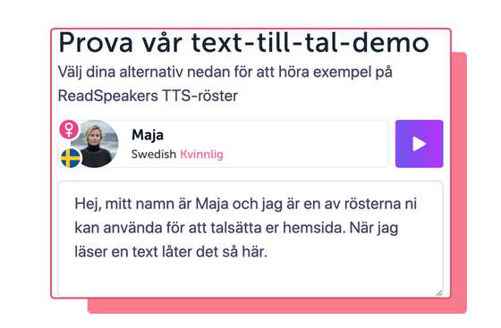 ReadSpeaker demo verktygsillustration med svensk kvinnlig avatar namnet på rösten är Maja.