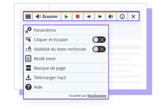 Illustration de l'outil WebReader ReadSpeaker avec les options et les paramètres affichés.