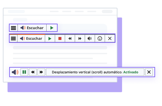 Ilustración de la herramienta webReader ReadSpeaker con opciones y configuraciones mostradas.