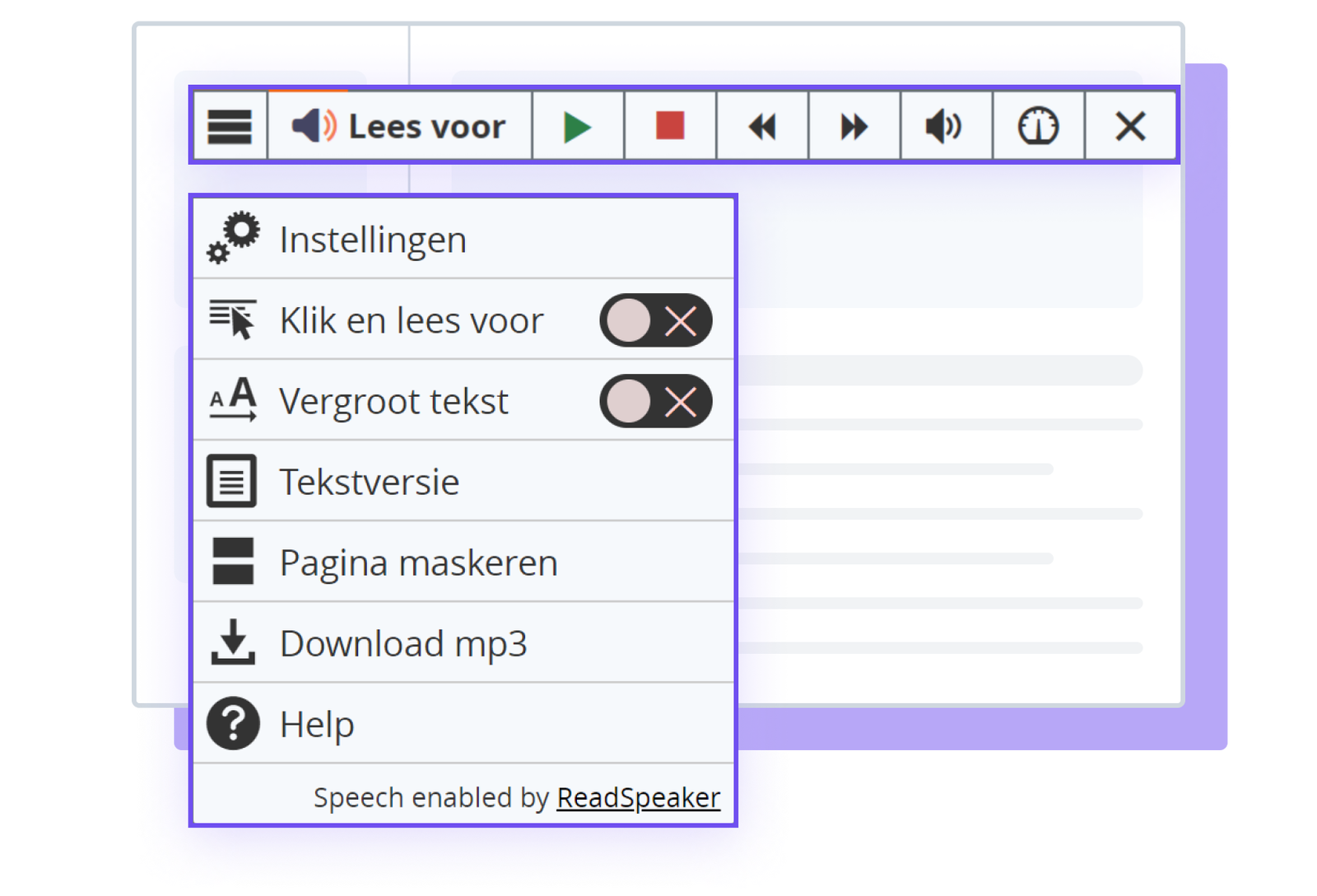 Illustratie van de ReadSpeaker webReader-tool met getoonde opties en instellingen.