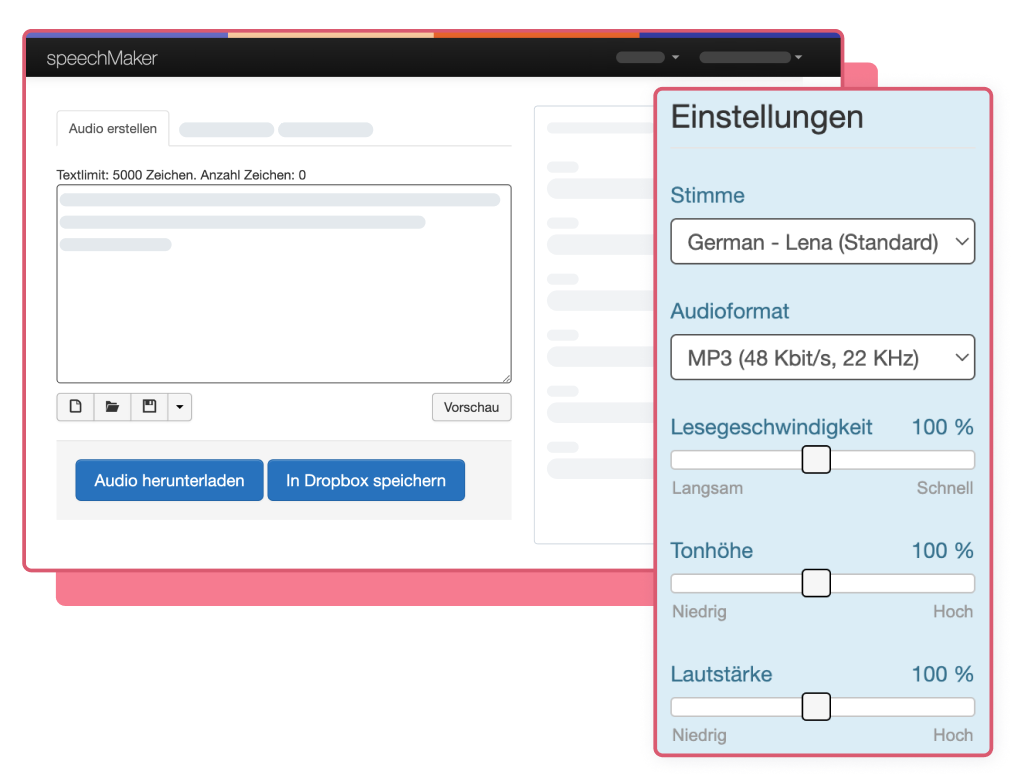 Illustration der speechMaker-Benutzeroberfläche zur Audioerstellung für Unternehmensschulungen.