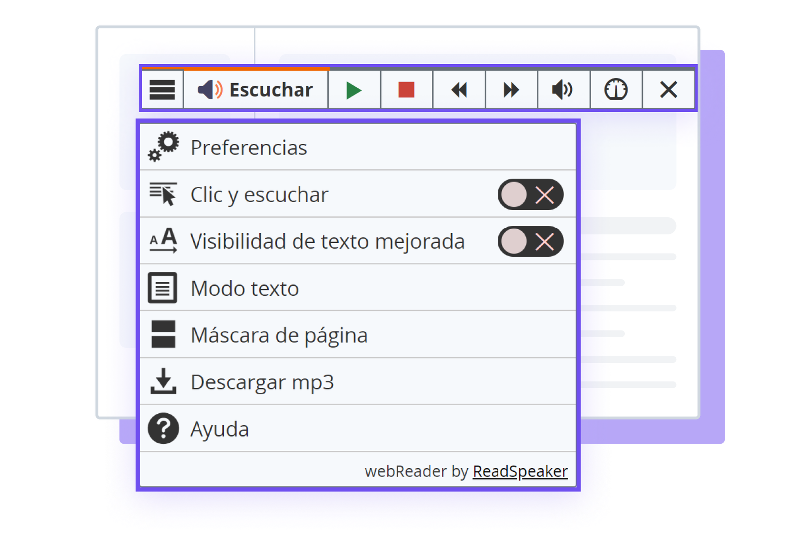 Ilustración de la herramienta webReader ReadSpeaker con opciones y configuraciones mostradas.