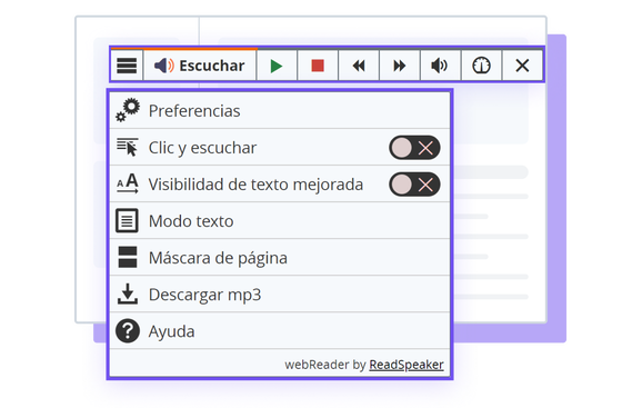 Ilustración de la herramienta webReader ReadSpeaker con opciones y configuraciones mostradas.