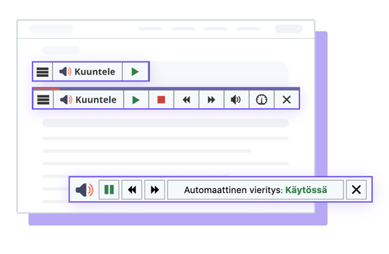 ReadSpeaker webReader-työkalun kuvat, joissa automaattinen vieritys on aktivoitu.