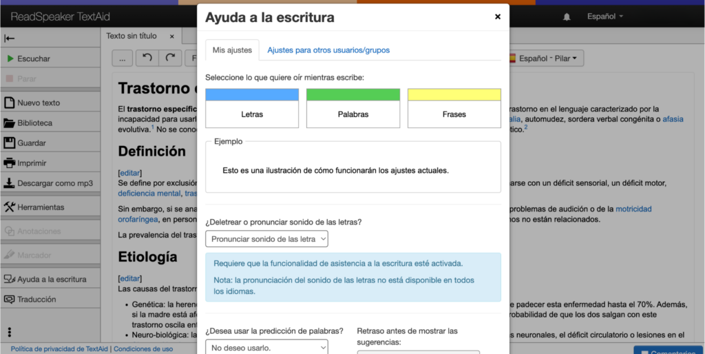 Tecnología de apoyo para la dislexia: captura de pantalla de la interfaz de usuario de TextAid de ReadSpeaker mostrando las funciones de apoyo a la escritura.