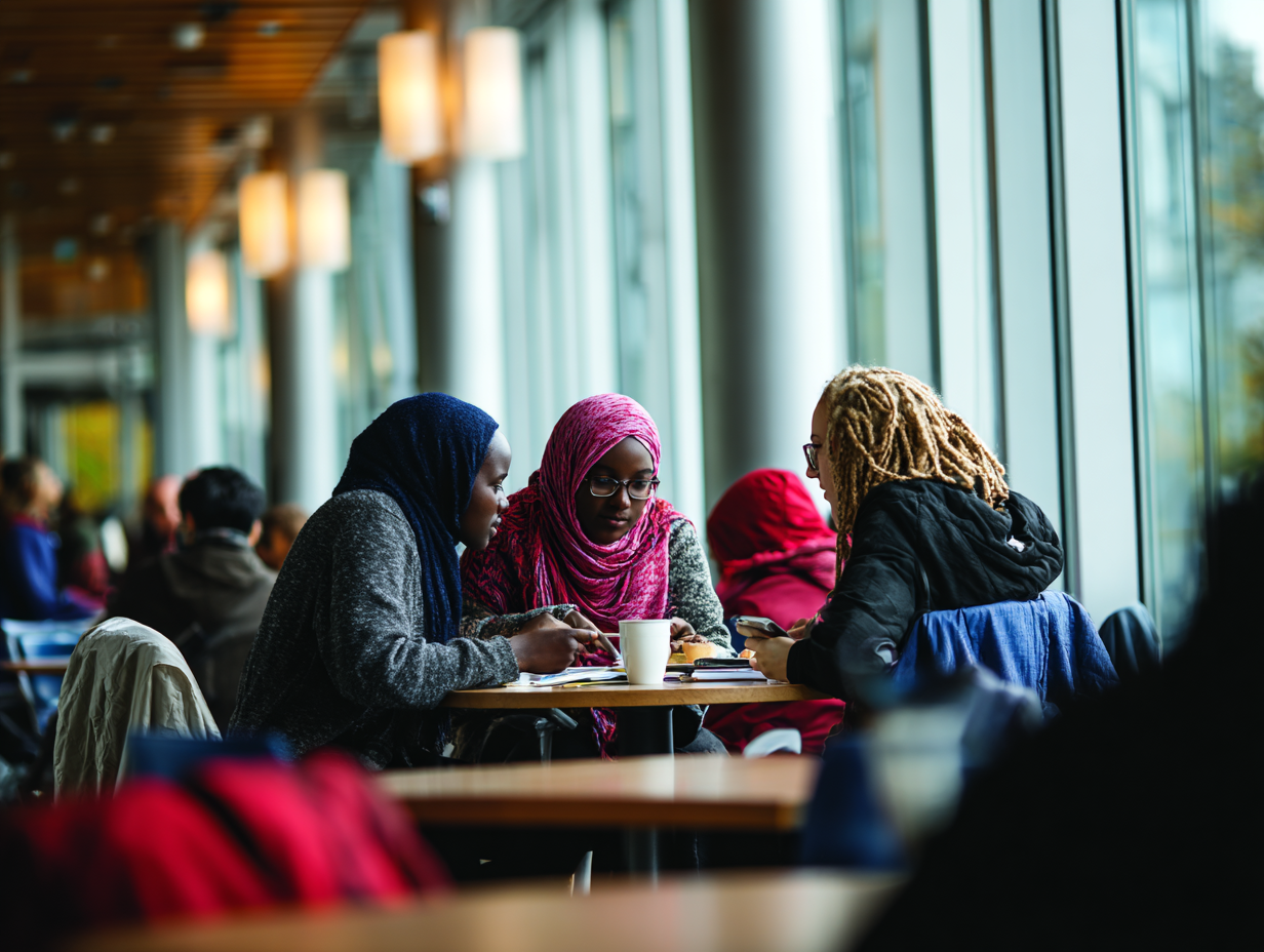 Three women learn around a table in a library.