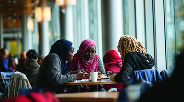 Three women learn around a table in a library.