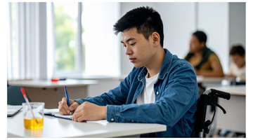 Student sitting at a desk in classroom, representing exam accessibility.