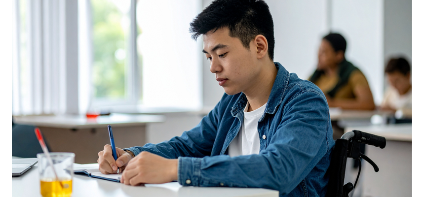 Student sitting at a desk in classroom, representing exam accessibility.