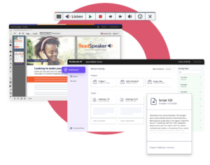 ReadSpeaker audio production tools interface showing speechMaker Studio dashboard, TextAid document reader, and Listen player controls.